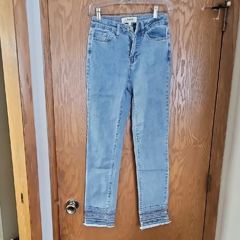 CHARLIE B Light Blue Skinny Jeans with Layered Frayed Hem - Picture 1 of 6